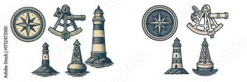 Vintage style nautical navigation instruments and maritime beacons including compass rose, sextant, lighthouses, and buoys