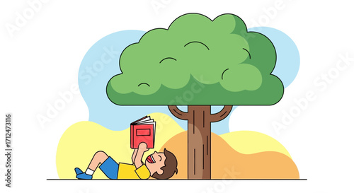 Child Reading A Book Under A Shady Tree Enjoying A Serene And Peaceful Moment