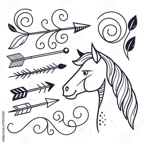 Hand drawn sketch of a horse head with decorative arrows and swirls in a boho tribal style