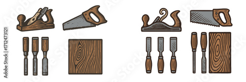 Woodworking hand tools set with saw, plane, chisels, and wood grain texture for carpentry projects