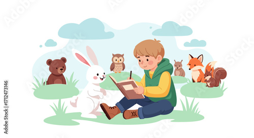 Child Reading A Book In The Forest With Friendly Animals In A Peaceful Atmosphere