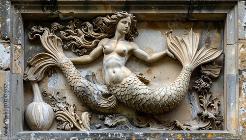 Ornate stone bas-relief of a mermaid