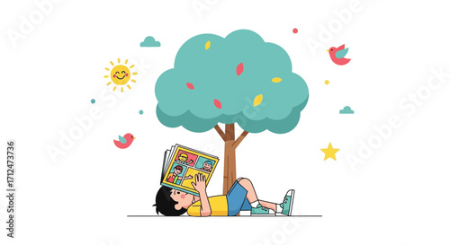 Child Reading Under A Tree, Enjoying Storybook On A Sunny Day At The Park