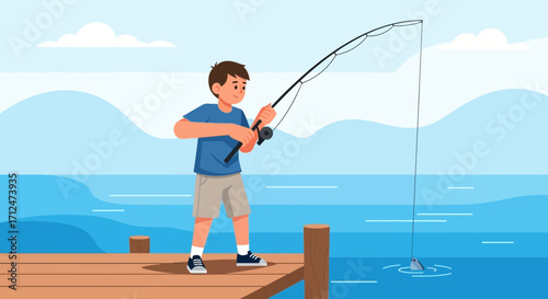 Boy Fishing On Pier with Rod, Surrounded by Water, Capturing Leisure Moment, Outdoors