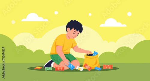 Boy Gathering Treats Outdoors Against a Verdant Backdrop During a Sunny Day