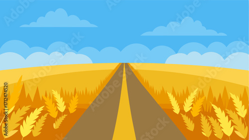 A narrow country road nestled between fields of golden wheat with a cloudless blue sky overhead.