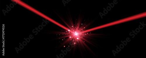 Red horizontal laser beam. Neon line, presentation pointer. Red glow flare light effect. Vector illustration. Isolated on dark background.