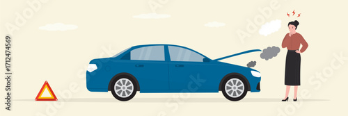 Car breakdown on the road. Engine problem. Car with open hood and hazard sign on the road. Highway accident. Unhappy woman driver standing near broken car.