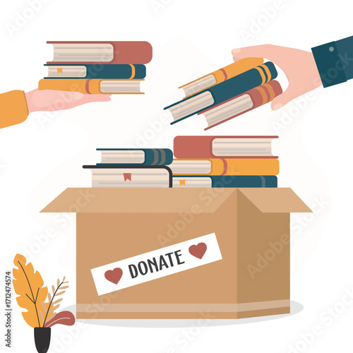 Books donation, bookcrossing, concept. Human hands put various books into box. Stack of textbooks in box. Time for knowledge charity.