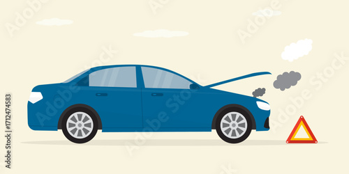 Car breakdown on the road. Engine problem. Car with open hood and hazard sign on the road. Highway accident. Horizontal banner.