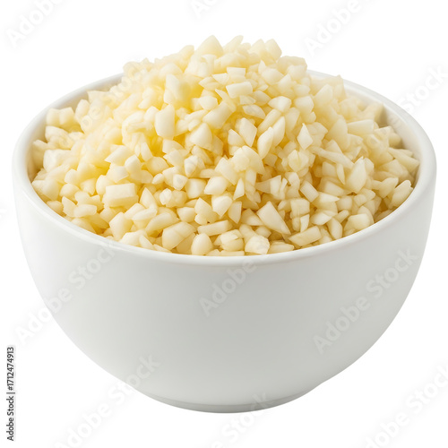 Minced garlic in white bowl: culinary ingredient image