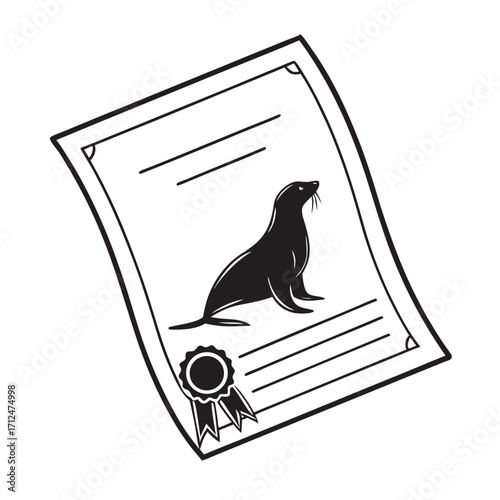 Black and white line art illustration of a certificate of achievement featuring a sea lion and a decorative ribbon seal