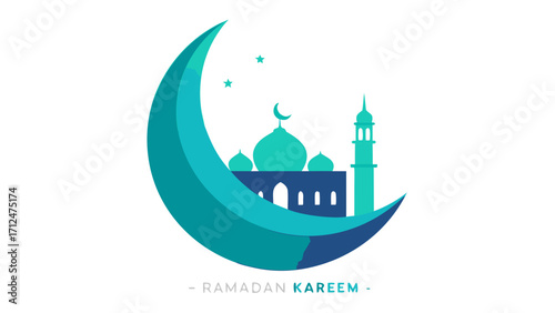 Crescent moon with mosque and stars view