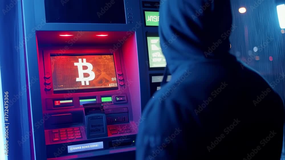 Man using a cryptocurrency ATM at night, bitcoin symbol displayed, digital finance transaction concept footage.