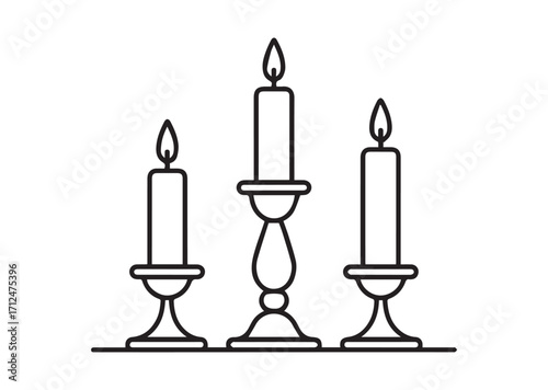 Antique candlestick with burning candles line art vector