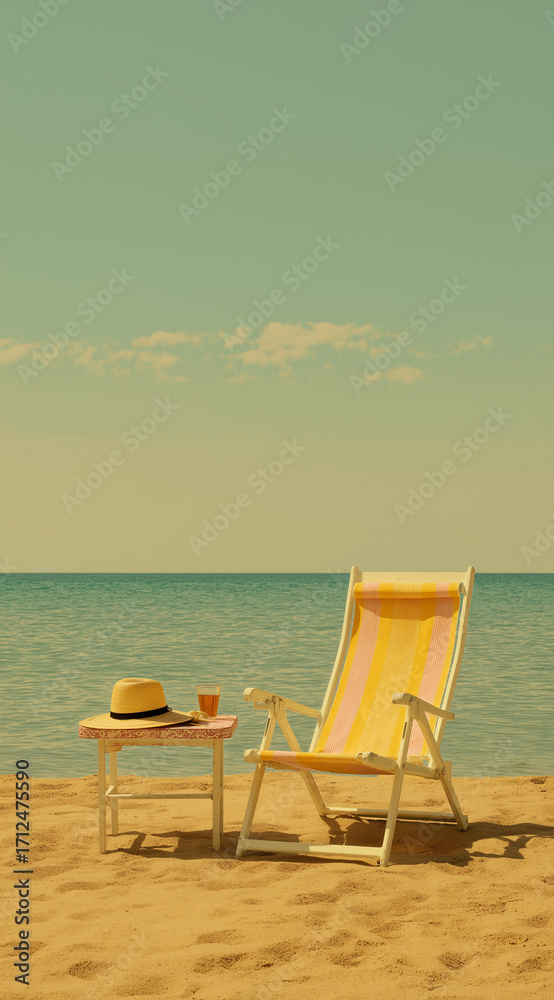 Fototapeta premium Vintage Summer Day: Retro-Style Beach Chair by the Calm Sea