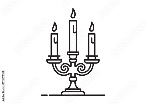 Antique candlestick with burning candles line art vector