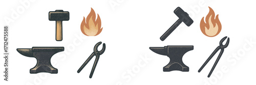 Traditional blacksmithing tools and elements for metal forging, featuring anvils, hammers, tongs, and flames