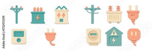 Collection of modern electricity and power supply icons including poles, transformers, plugs, and meters