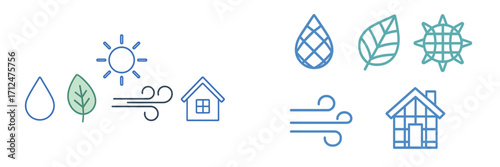 Eco-friendly energy and environmental protection icons featuring house, sun, wind, water, and leaf symbols for sustainable living and climate concepts