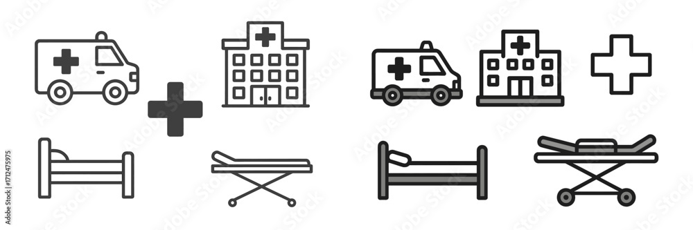Obraz premium Medical and emergency service icons set including ambulance, hospital, cross, bed, and stretcher symbols