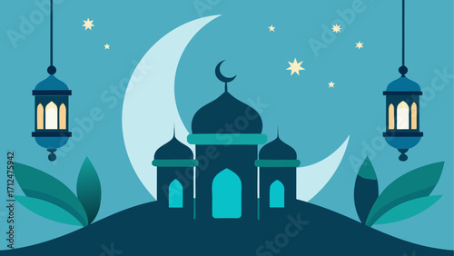 Illustration of mosque with moon and stars