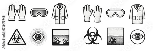 Laboratory safety personal protective equipment and environmental hazard warning signs icon collection with biohazard and pollution symbols