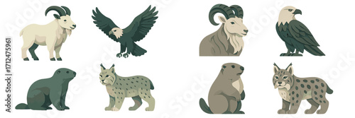 Captivating alpine wildlife animals in layered paper cut style, featuring a majestic mountain goat, a soaring eagle, a curious marmot, and an elusive lynx