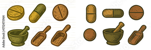 Collection of pharmaceutical pills, capsules, mortar, pestle, and scoops for medicine preparation