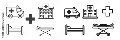 Medical and emergency service icons set including ambulance, hospital, cross, bed, and stretcher symbols