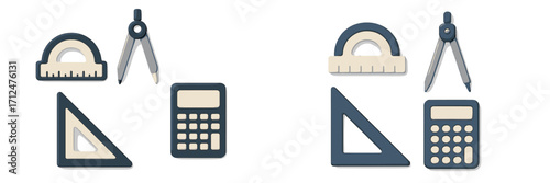 Stylized collection of essential academic and engineering tools including protractor, compass, set square, calculator