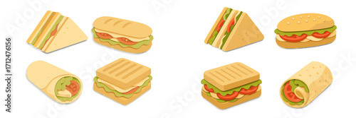 A delightful variety of fresh sandwiches, paninis, subs, and wraps presented in a unique isometric paper cut style
