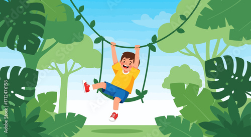 Child Swinging On Lush Jungle Vine Adventure Experience With Nature Around, Beautiful Scene