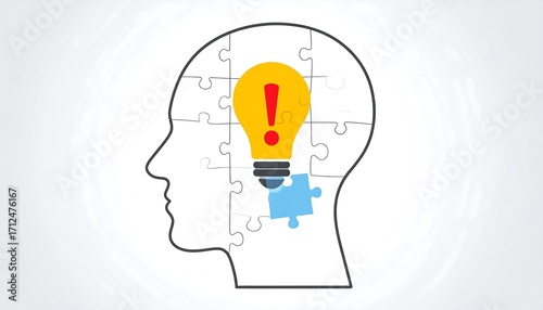 Puzzle head with a lightbulb and exclamation