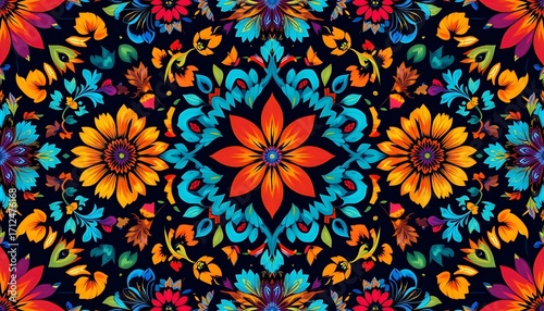 Vibrant floral kaleidoscope pattern with symmetrical design and bold color scheme