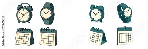 Collection of timekeeping devices and scheduling tools including alarm clocks, wristwatches, and desk calendars