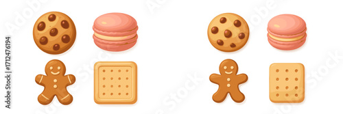Collection of various baked goods and sweet treats: chocolate chip cookies, colorful macarons, gingerbread men, and savory crackers