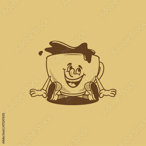 coffee cup retro cartoon character mascot illustration with happy face for drink product, plantation, grocery, health food, cafes mascots and merchandise. groovy, vector, editable, icon, coloring book