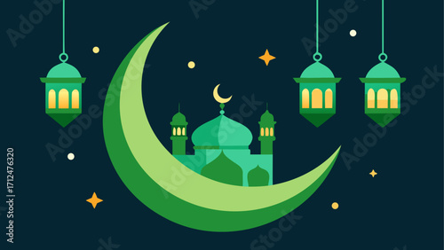 Illustration of a mosque with moon and lamps