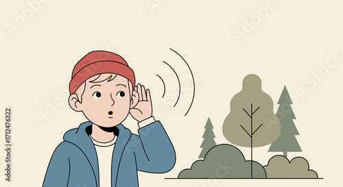 Boy In Overcoat, Listening Closely To Nature, Evokes Feelings Of Curiosity And Wonder