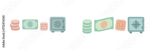 Financial assets and security concept with stacked coins, paper banknotes, house icon, and secure safe boxes representing savings and investment