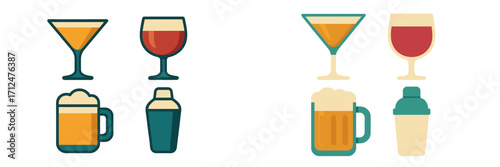 Stylized collection of various alcoholic drink glasses and bar accessories for cocktails, wine, and beer