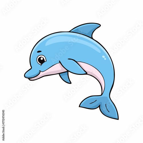 Cartoon illustration of a blue dolphin with a white belly, smiling and jumping.