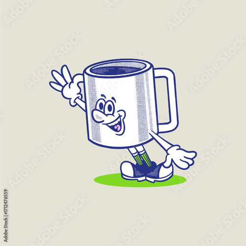 mug cup retro cartoon character mascot illustration with happy face for drink product, plantation, grocery, health food, cafes mascots and merchandise. groovy, vector, editable, icon, tea, coffee, hot