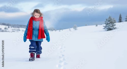 Child Walking Solo Through Snowy Terrain in Winter with Cloudy Skies and Mountain Backdrop