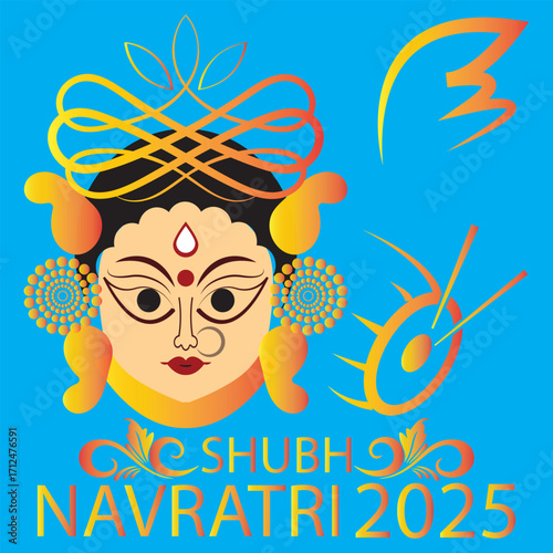 Shubh Navratri 2025 Goddess Durga Face Art. Colorful illustration of Goddess Durga face with decorative patterns and Shubh Navratri 2025 text, ideal for festival greetings and celebration EPS 10/AI. 
