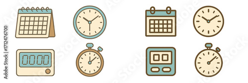 Essential timekeeping and planning symbols: analog clocks, digital timers, and desk calendars for organization and productivity