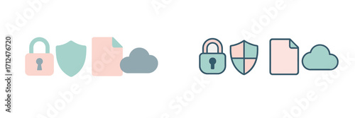 Modern flat design icons representing digital security, data protection, cloud computing, and file management concepts