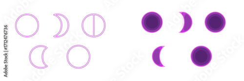 Various phases of the moon depicted with glowing purple light and outline shapes representing the lunar cycle