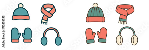 Collection of cozy winter clothing accessories including knitted hats, warm scarves, protective mittens, and comfortable earmuffs